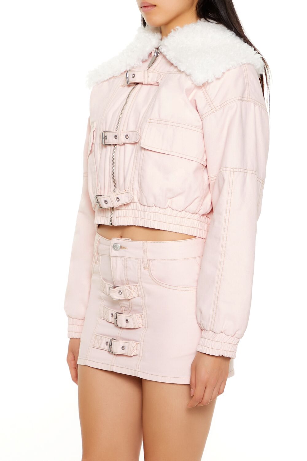 Strappy Faux Fur-Trim Denim Bomber Jacket