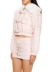 Strappy Faux Fur-Trim Denim Bomber Jacket