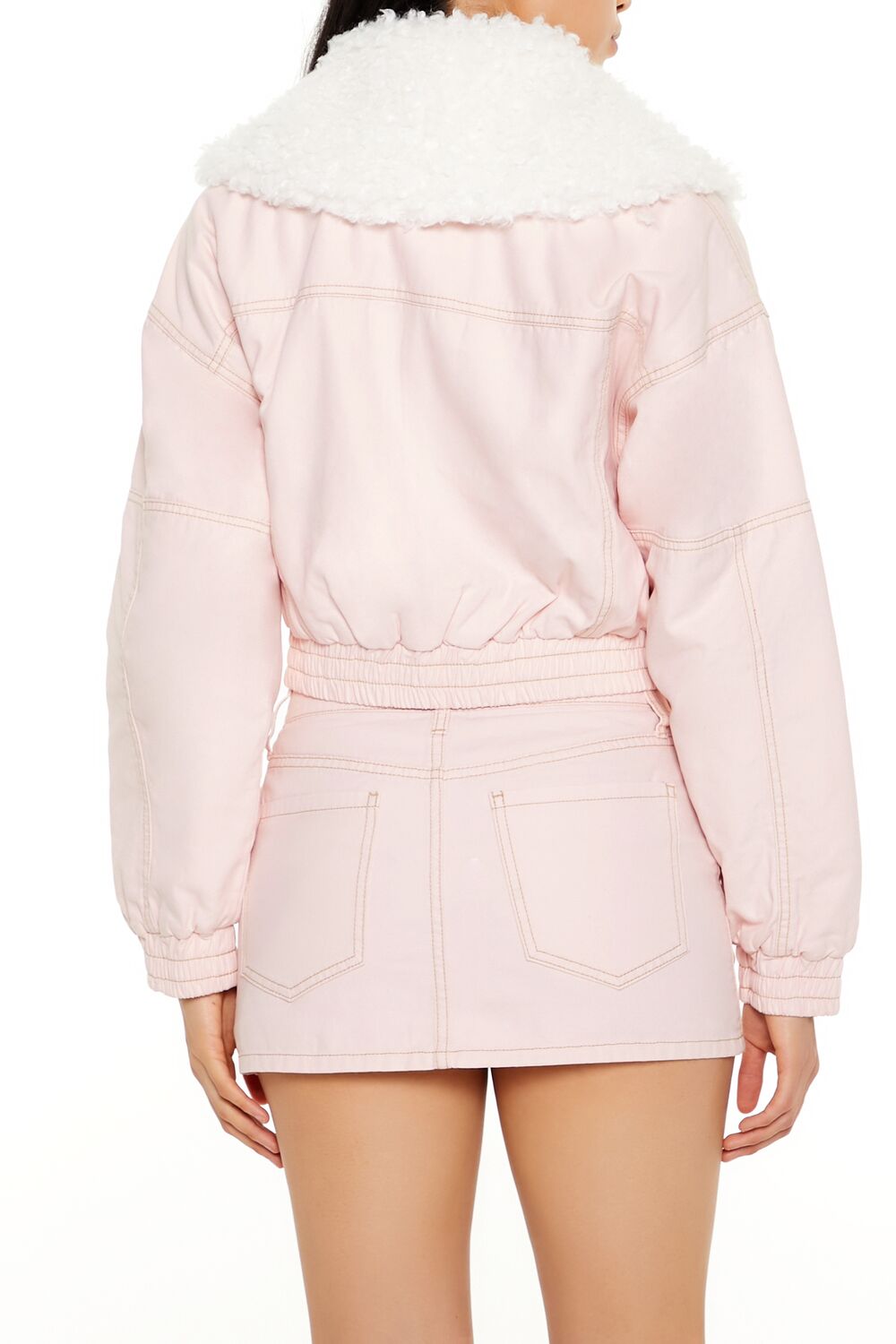 Strappy Faux Fur-Trim Denim Bomber Jacket