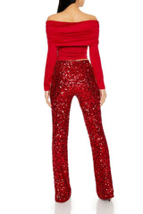 Sequin Mid-Rise Flare Pants
