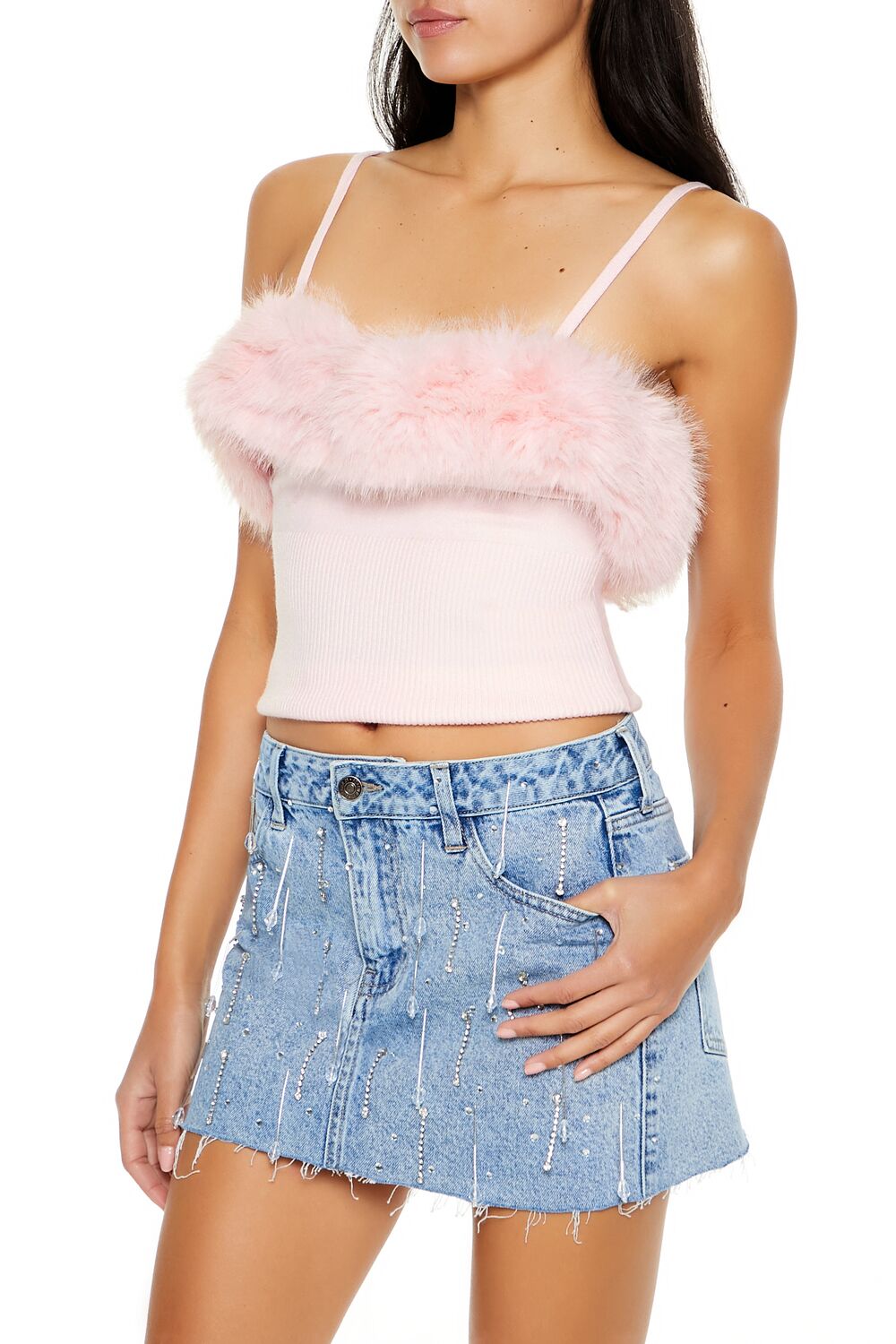 Faux Fur-Trim Sweater-Knit Cami