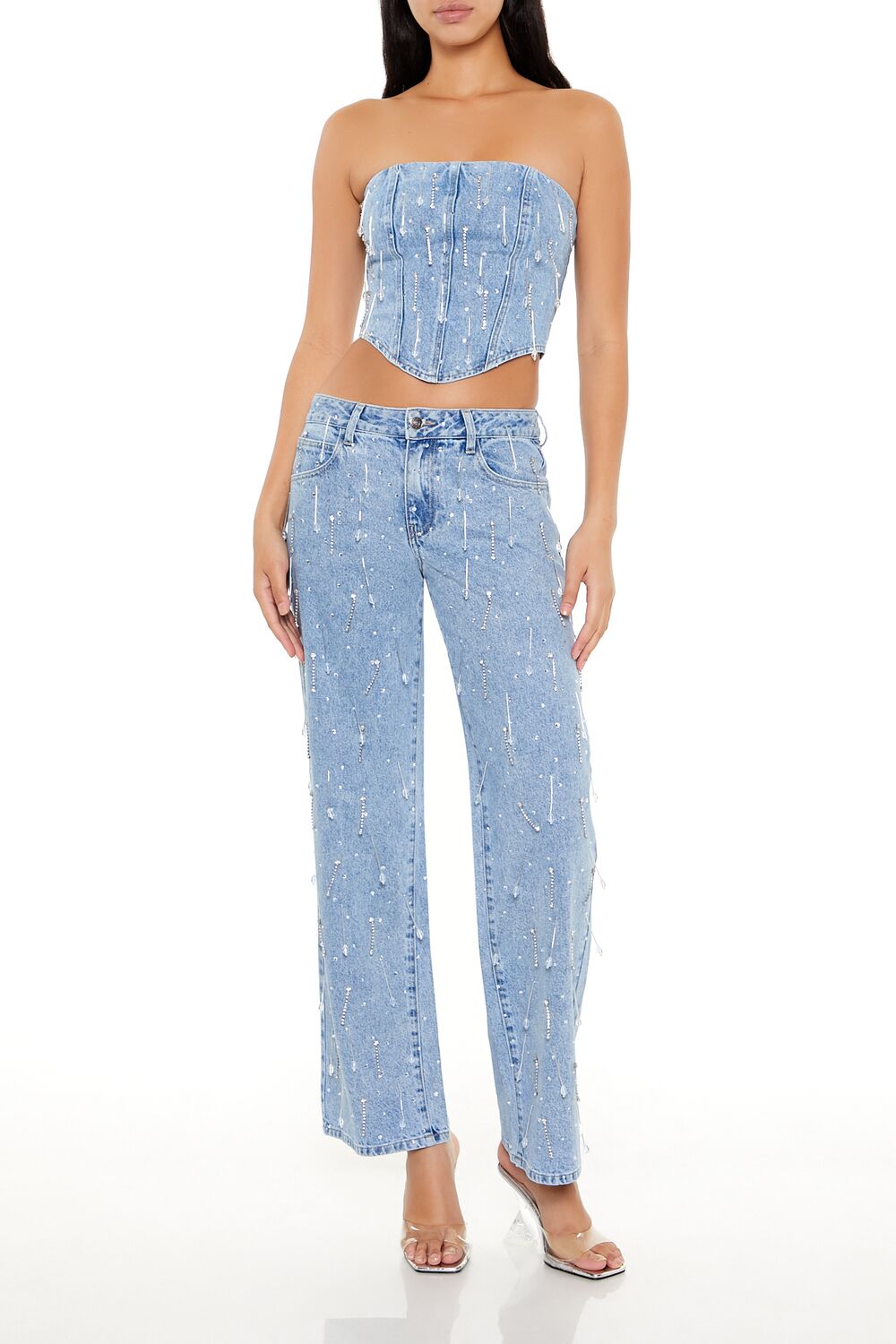 Rhinestone Denim Tube Crop Top
