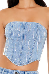 Rhinestone Denim Tube Crop Top