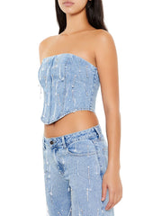 Rhinestone Denim Tube Crop Top