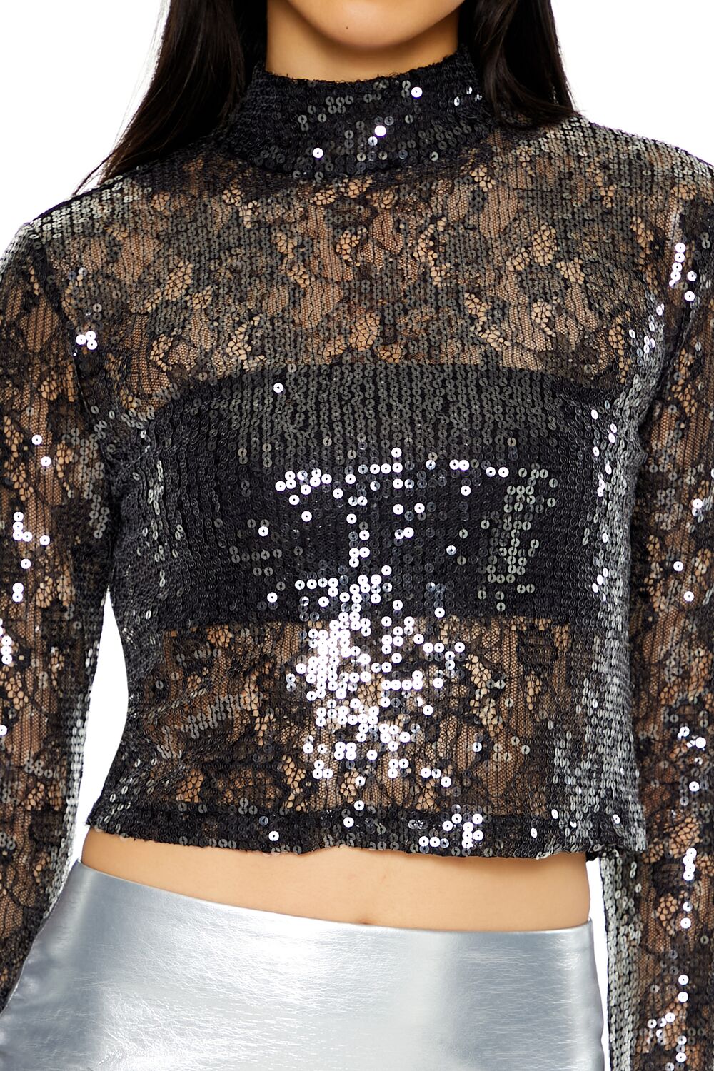 Sheer Lace Sequin Mock Neck Top