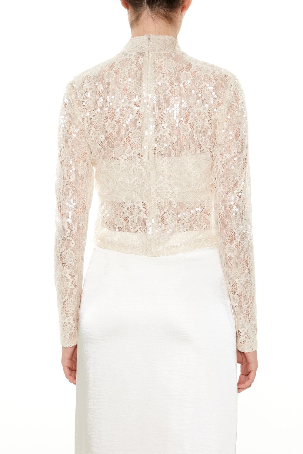 Sheer Lace Sequin Mock Neck Top