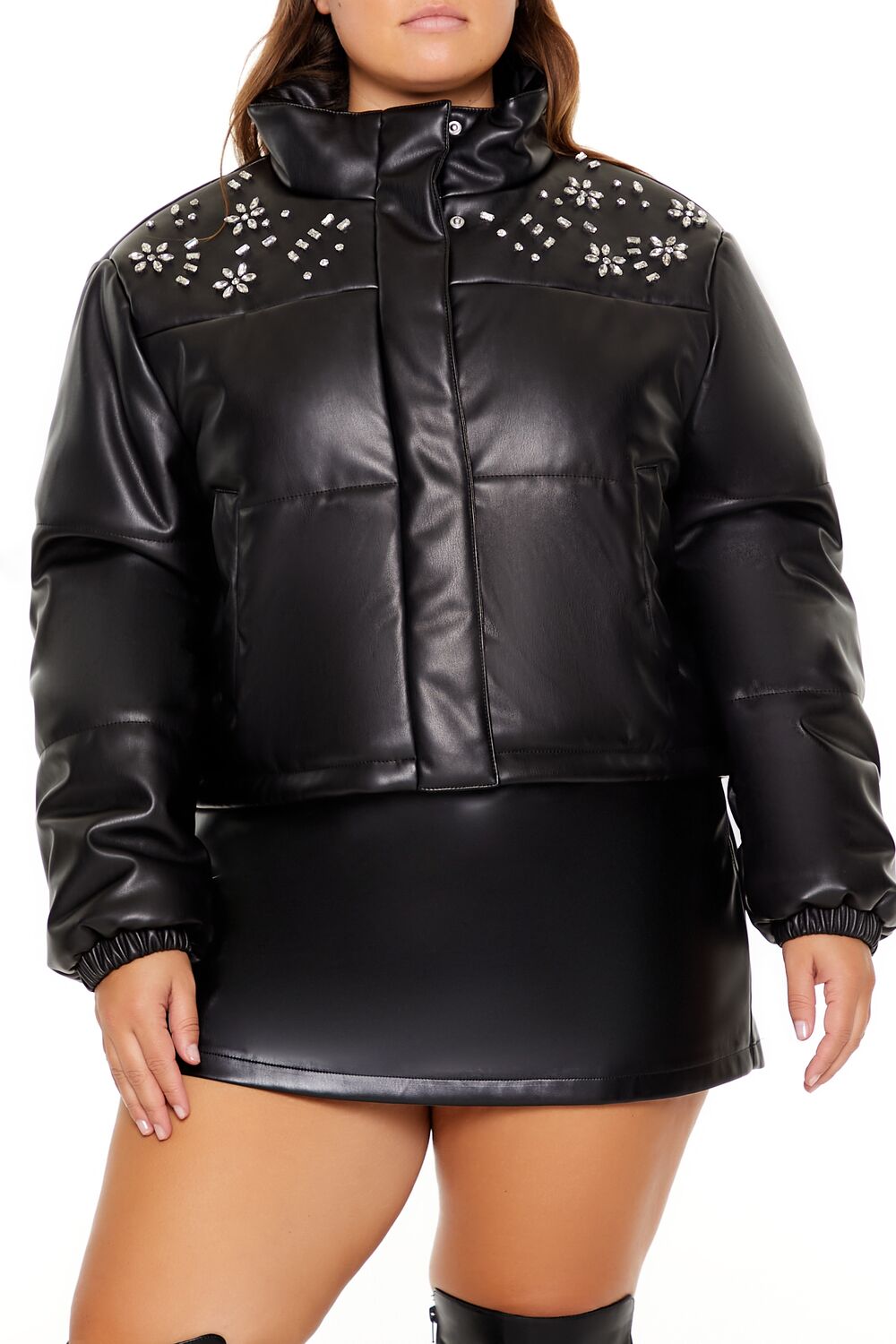 Plus Size Faux Leather Puffer Jacket