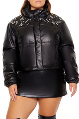 Plus Size Faux Leather Puffer Jacket