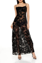 Sheer Flocked Paisley Maxi Dress