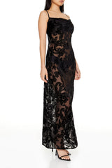 Sheer Flocked Paisley Maxi Dress
