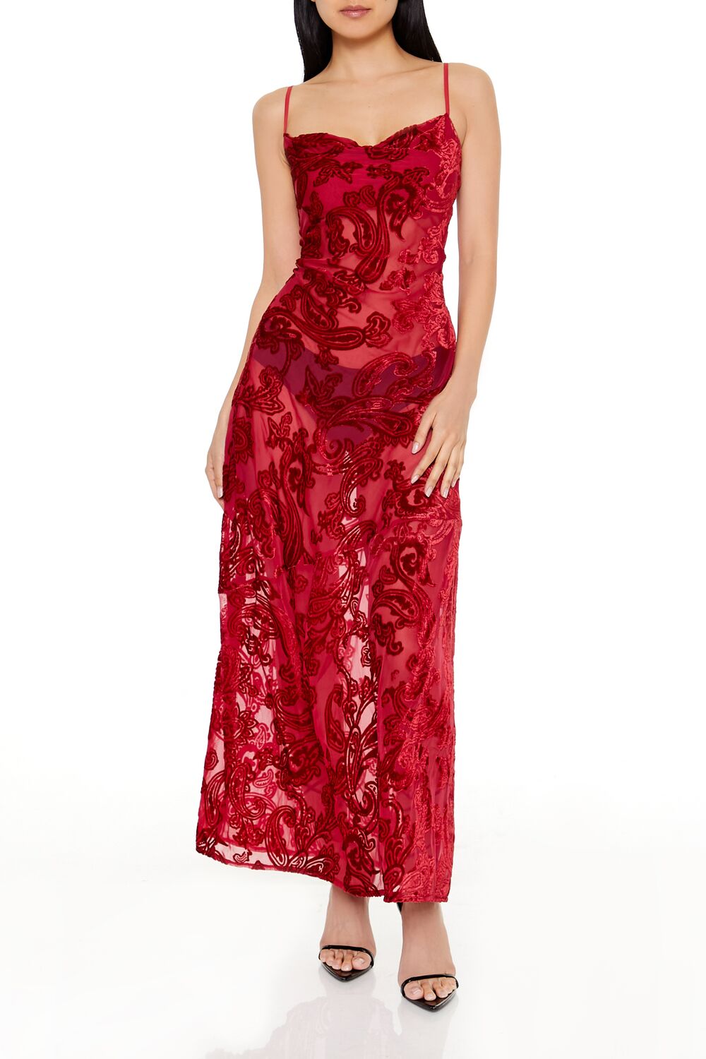 Sheer Flocked Paisley Maxi Dress