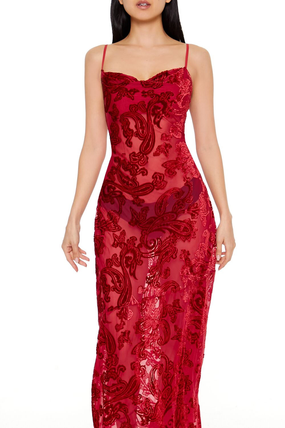 Sheer Flocked Paisley Maxi Dress