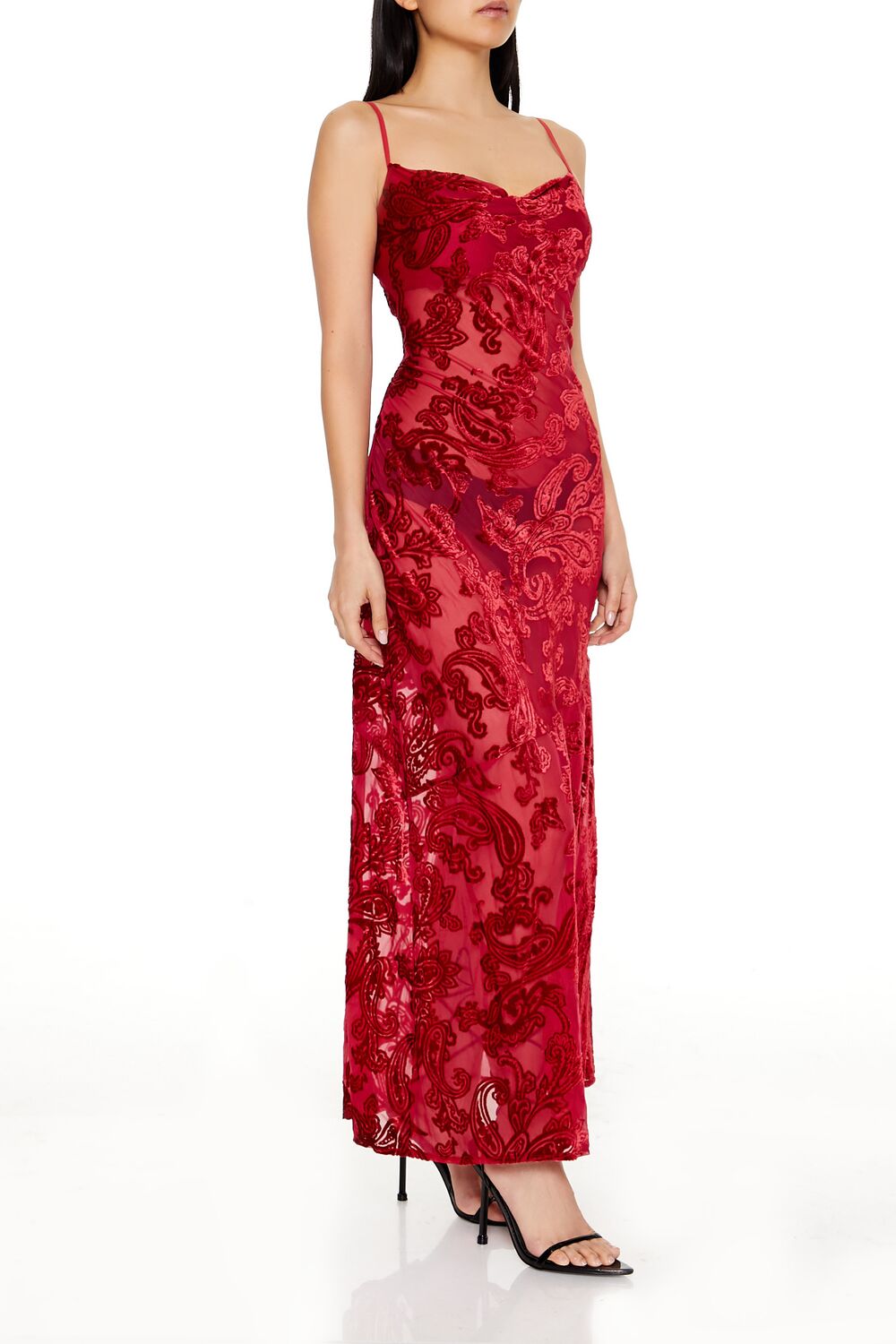 Sheer Flocked Paisley Maxi Dress