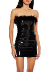 Faux Feather-Trim Sequin Tube Dress