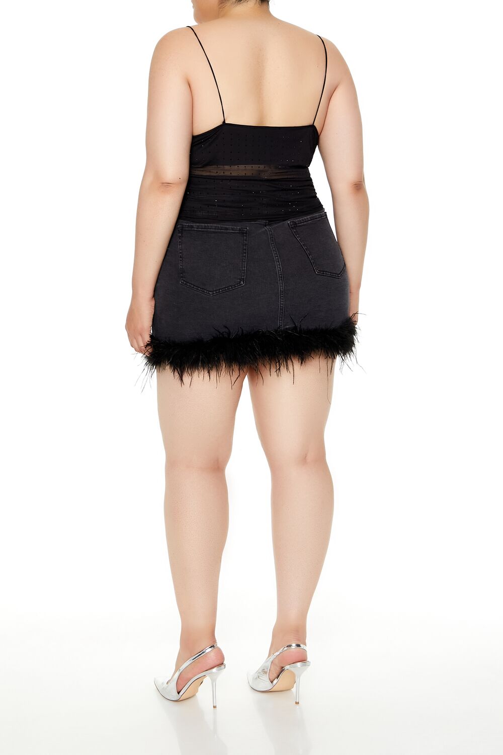 Plus Size Faux Feather Denim Mini Skirt