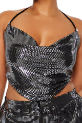 Plus Size Shimmer Cropped V-Hem Halter Top