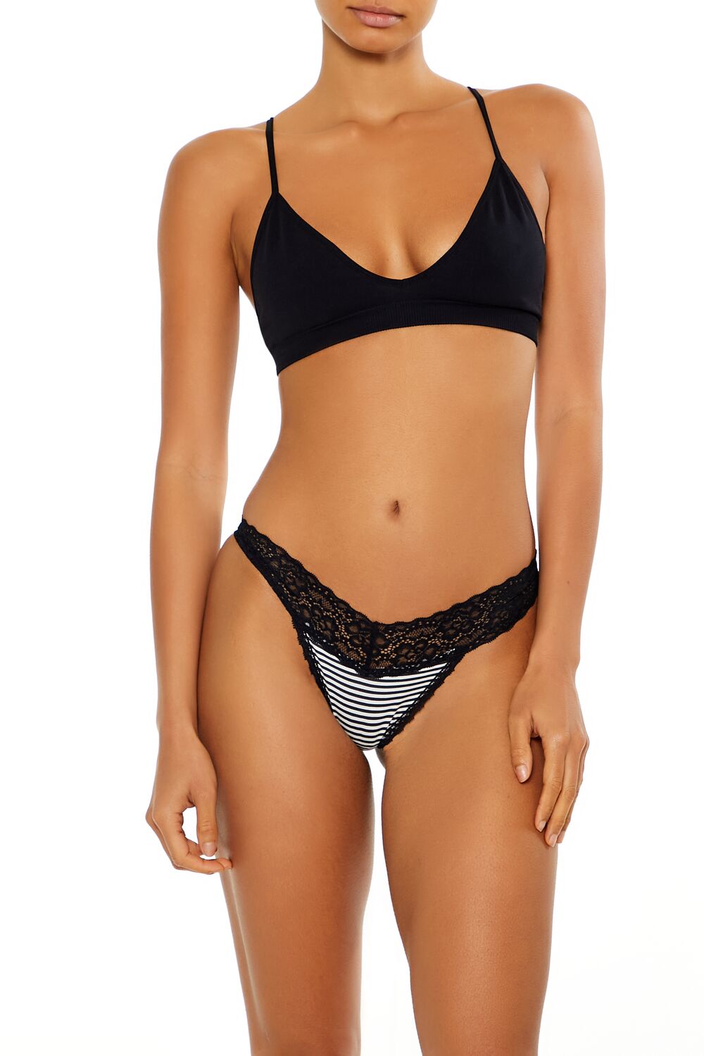 Lace-Trim Striped Thong Panties