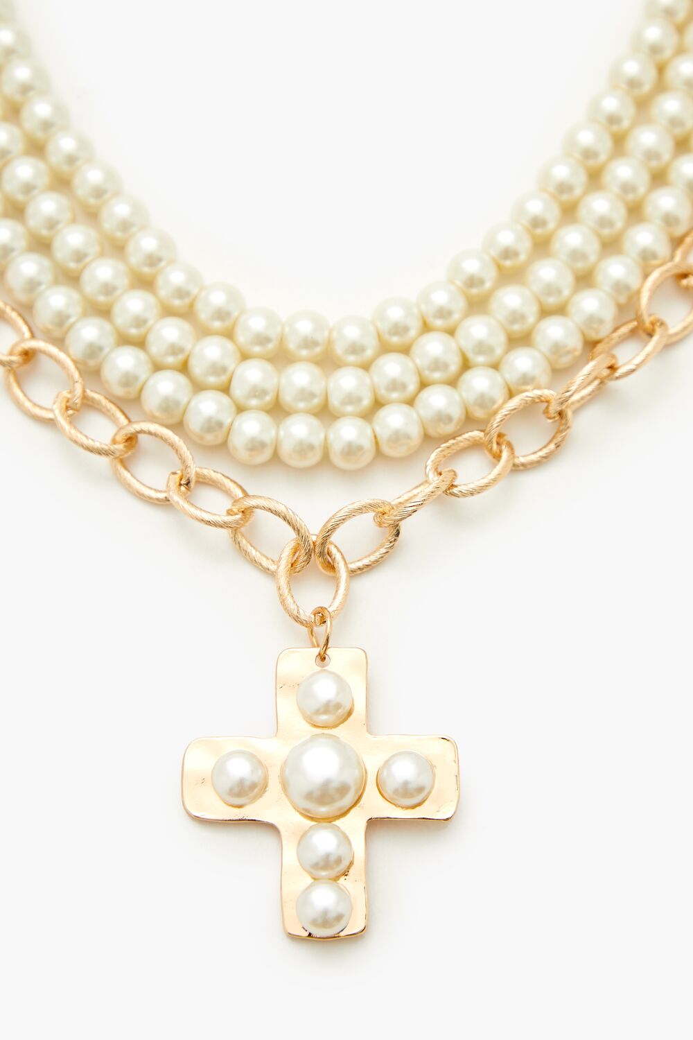 Layered Faux Pearl Cross Necklace