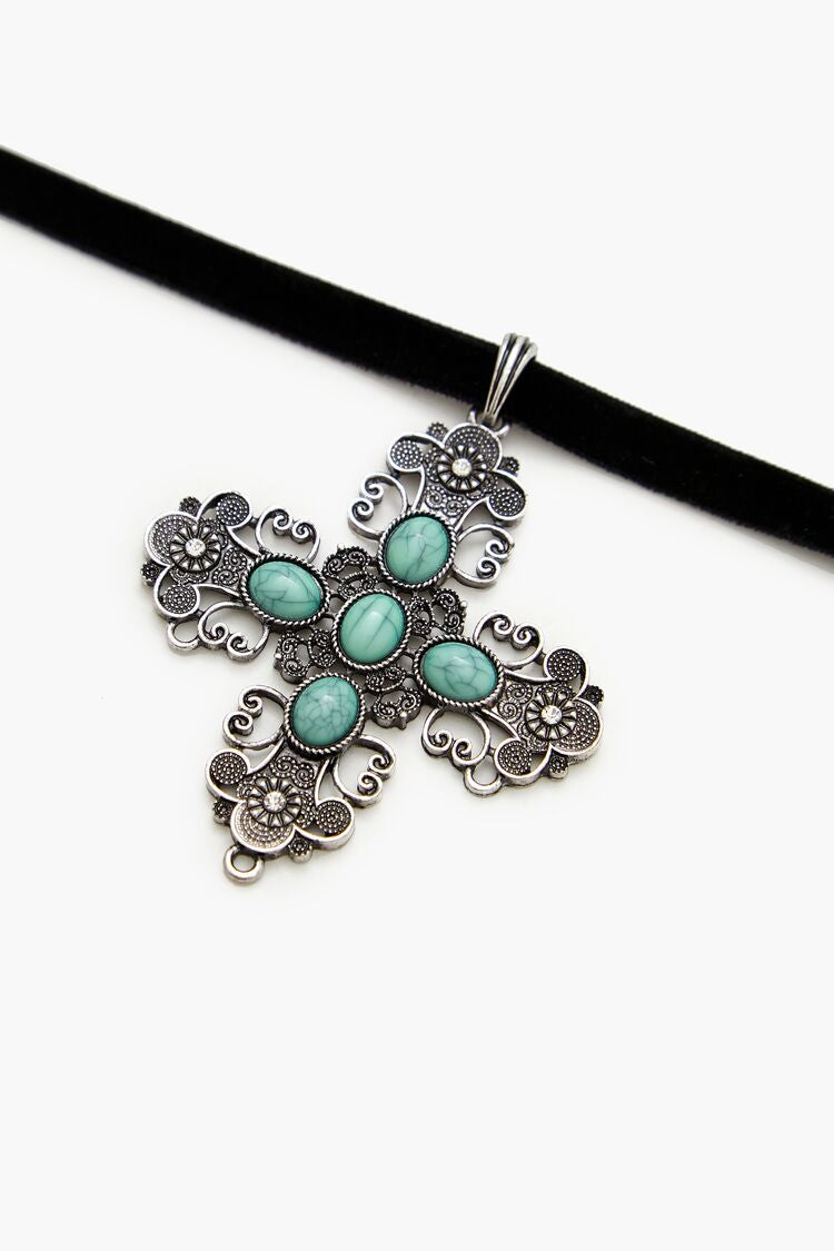 Velvet Faux Stone Cross Necklace