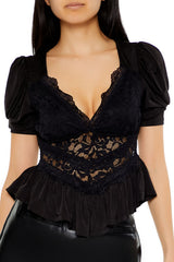 Lace Puff-Sleeve Crop Top