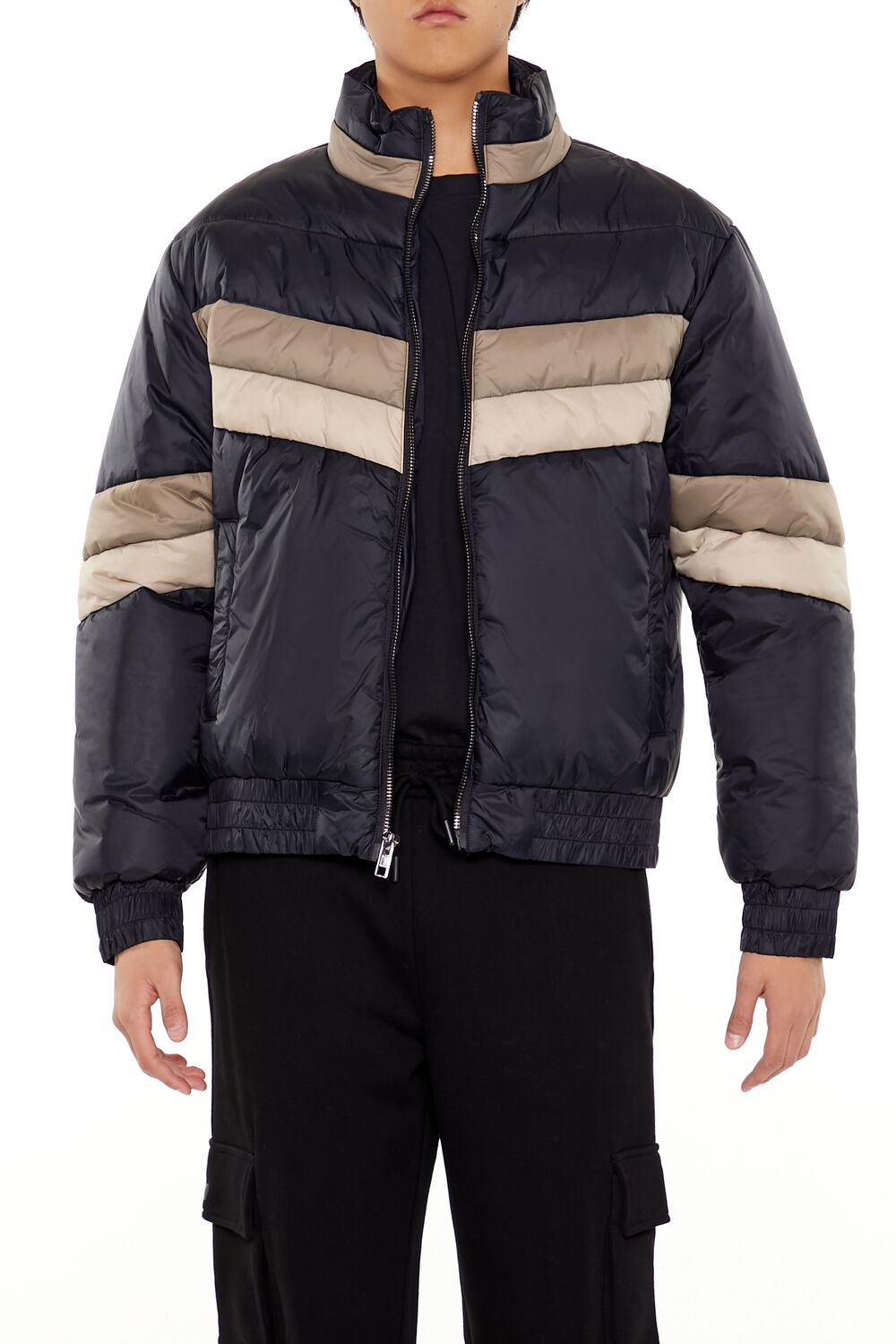Colorblock Funnel Neck Puffer Jacket