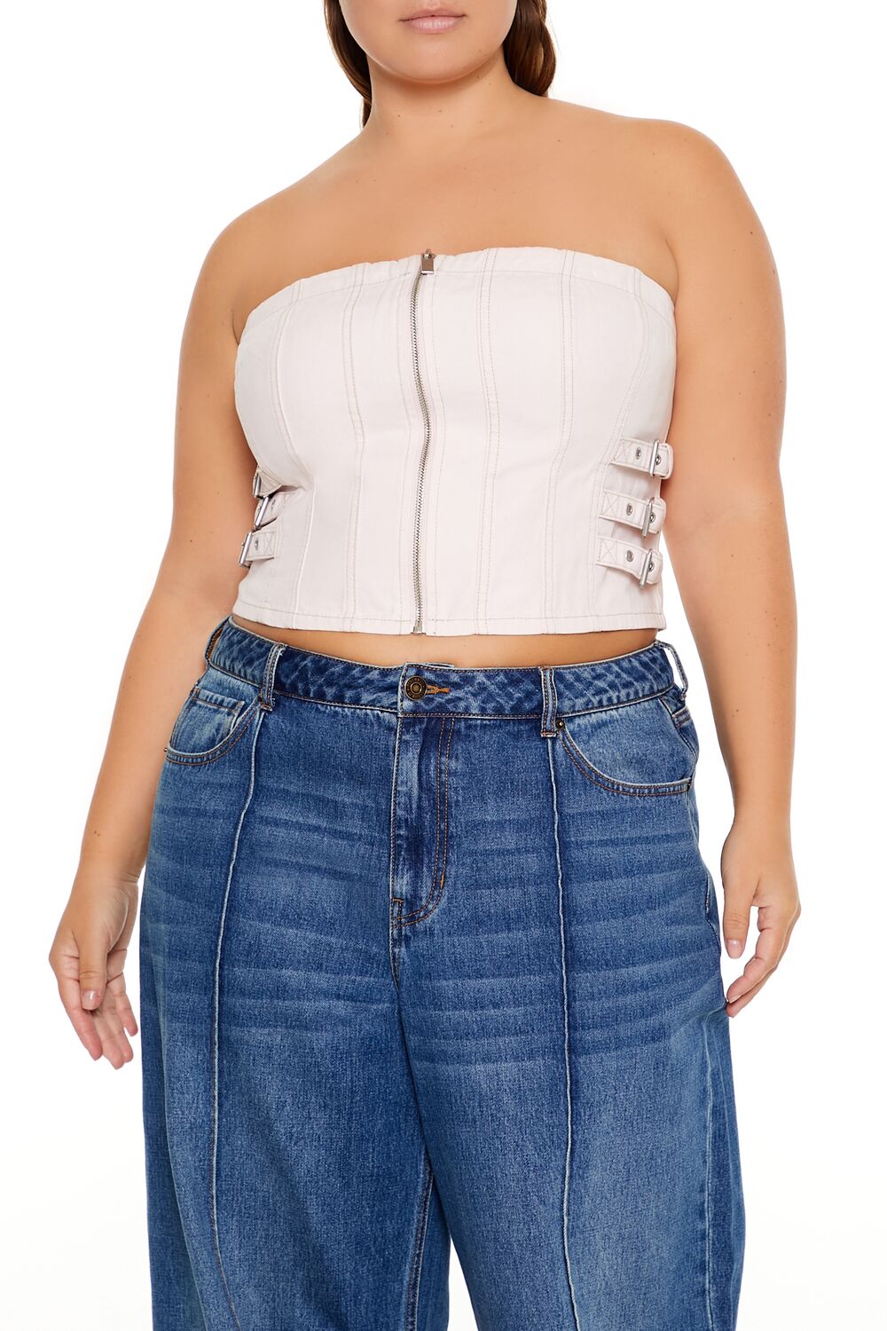Plus Size Denim Zip-Up Tube Top