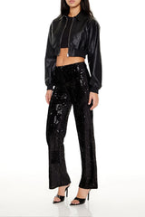 Sequin High-Rise Straight Pants