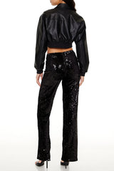 Sequin High-Rise Straight Pants