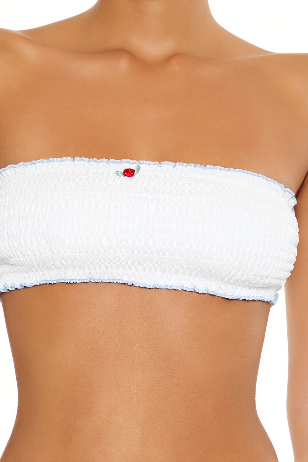Seersucker Contrast Lettuce-Edge Bandeau Bikini Top