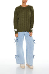 Varsity-Striped Cable Knit Sweater
