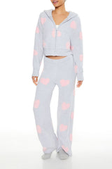 Heart Print Pajama Zip-Up Hoodie