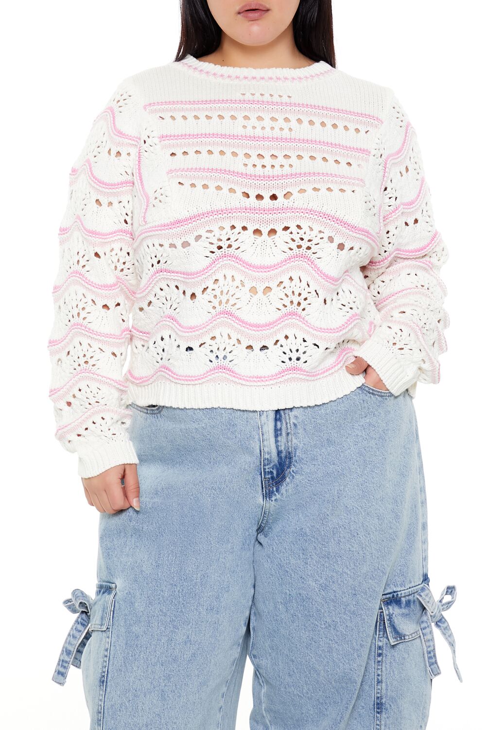 Plus Size Open-Knit Two-Tone Sweater