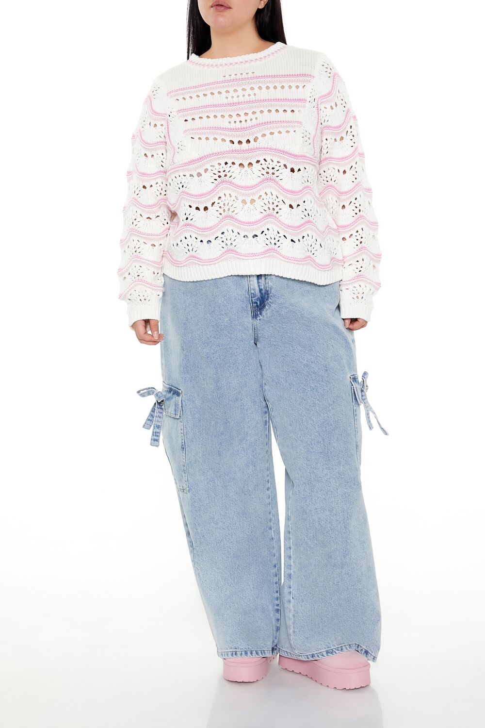 Plus Size Open-Knit Two-Tone Sweater