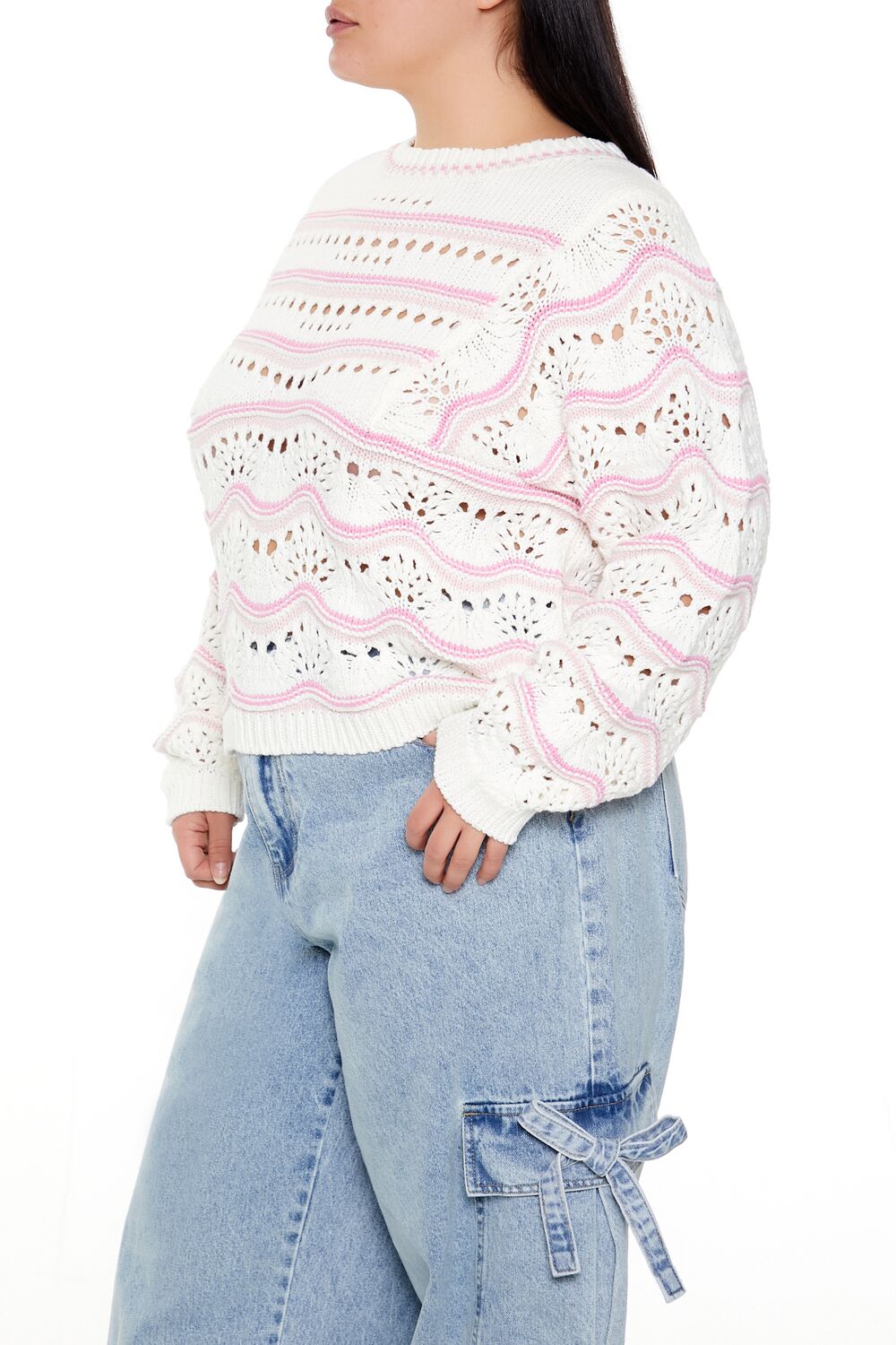 Plus Size Open-Knit Two-Tone Sweater