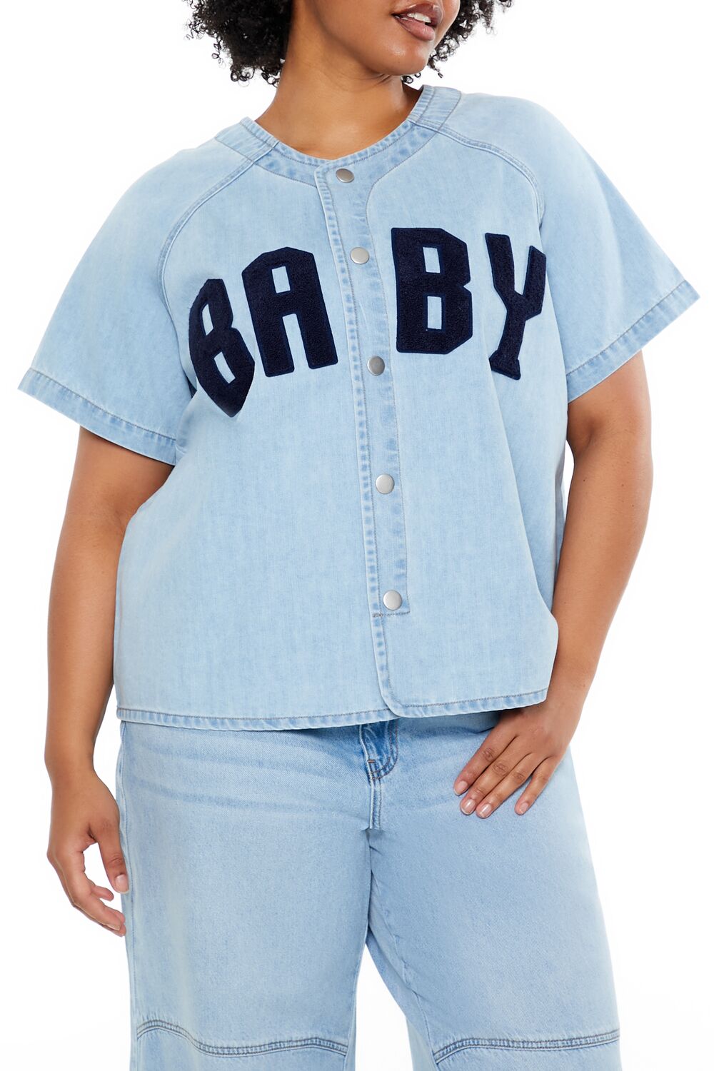 Plus Size Baby Denim Baseball Top