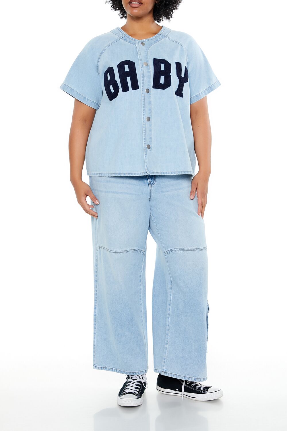 Plus Size Baby Denim Baseball Top