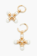 Faux Pearl Cross Hoop Drop Earrings
