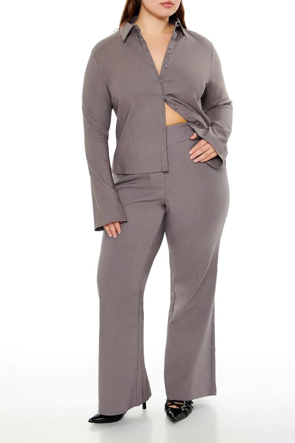 Plus Size Pinstriped Bell-Sleeve Shirt