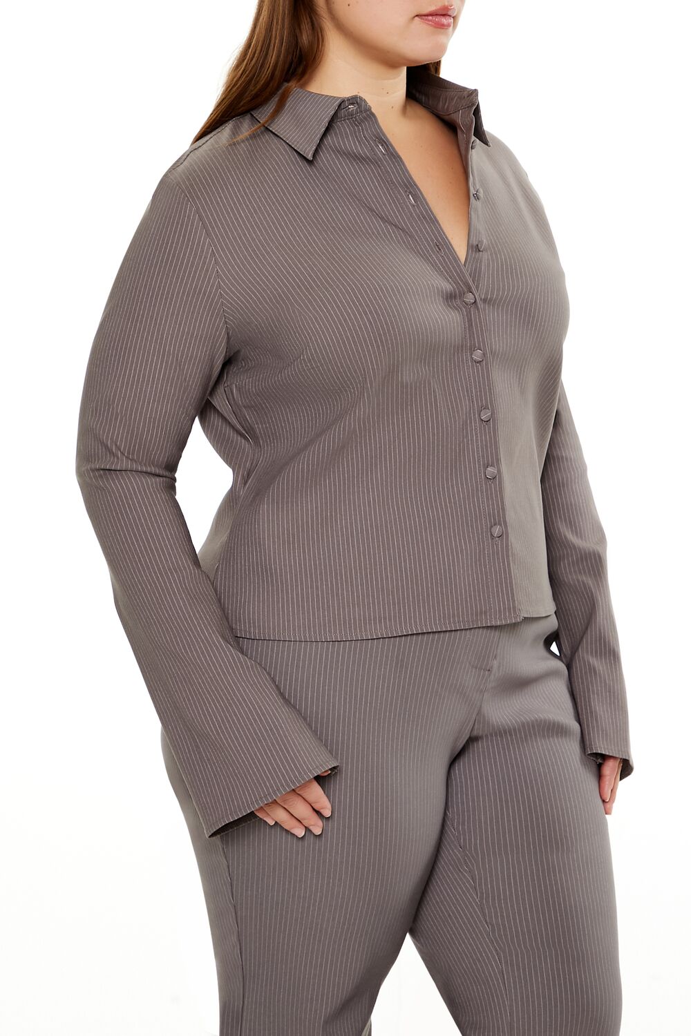 Plus Size Pinstriped Bell-Sleeve Shirt