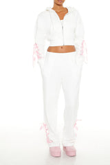 Lace-Up Bow Cropped Zip-Up Hoodie
