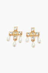 Faux Gem & Pearl Cross Drop Earrings