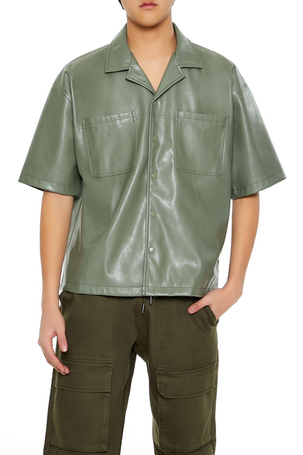 Embroidered Faux Leather Shirt