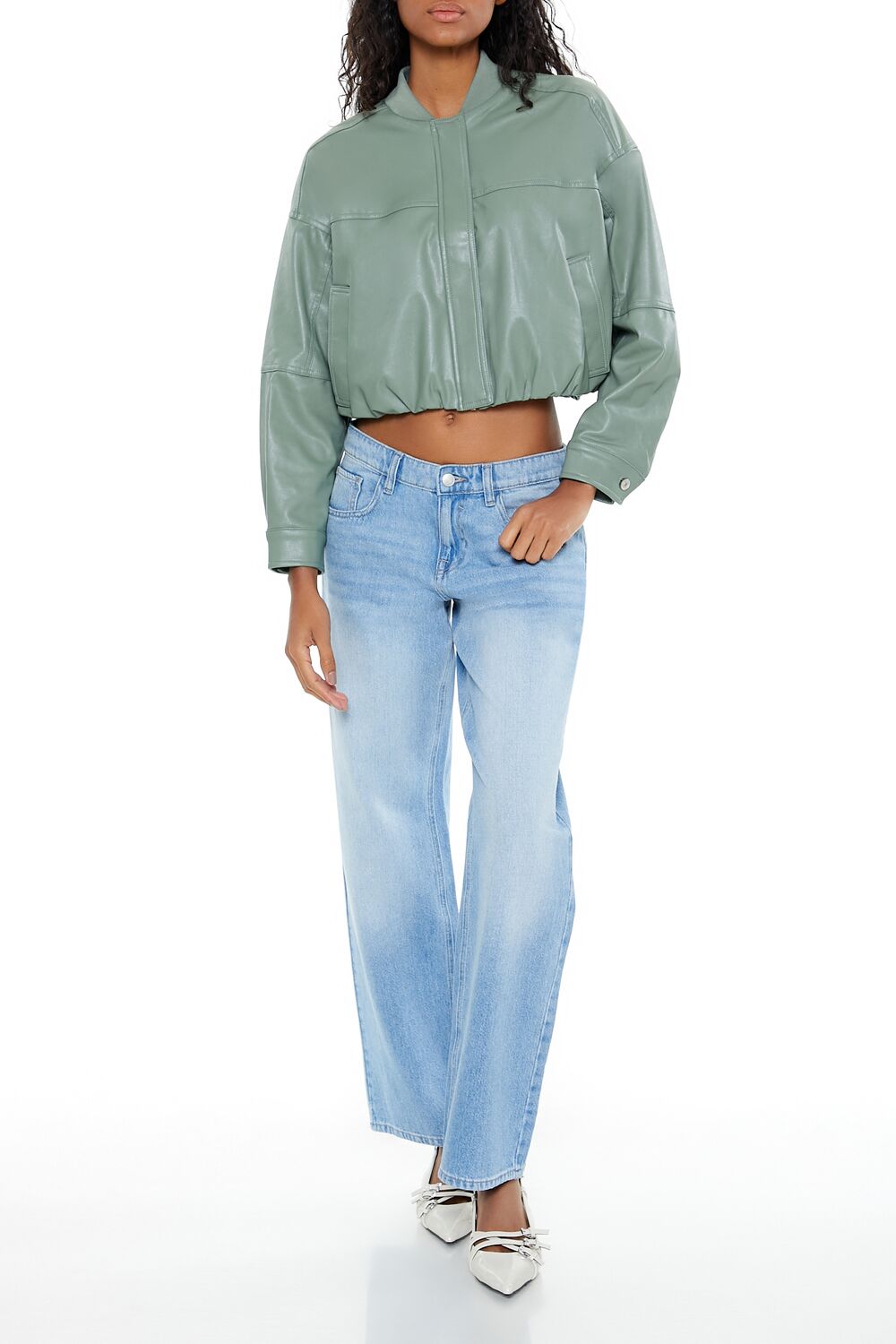 Faux Leather Cropped Bomber Jacker