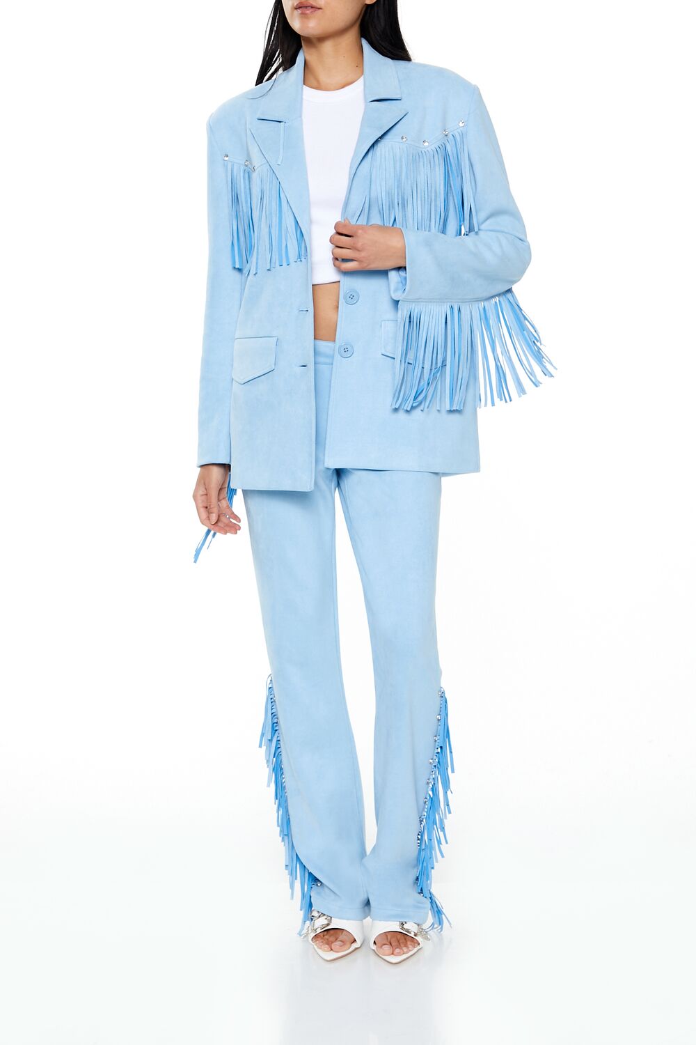 Rhinestone Fringe Faux Suede Blazer