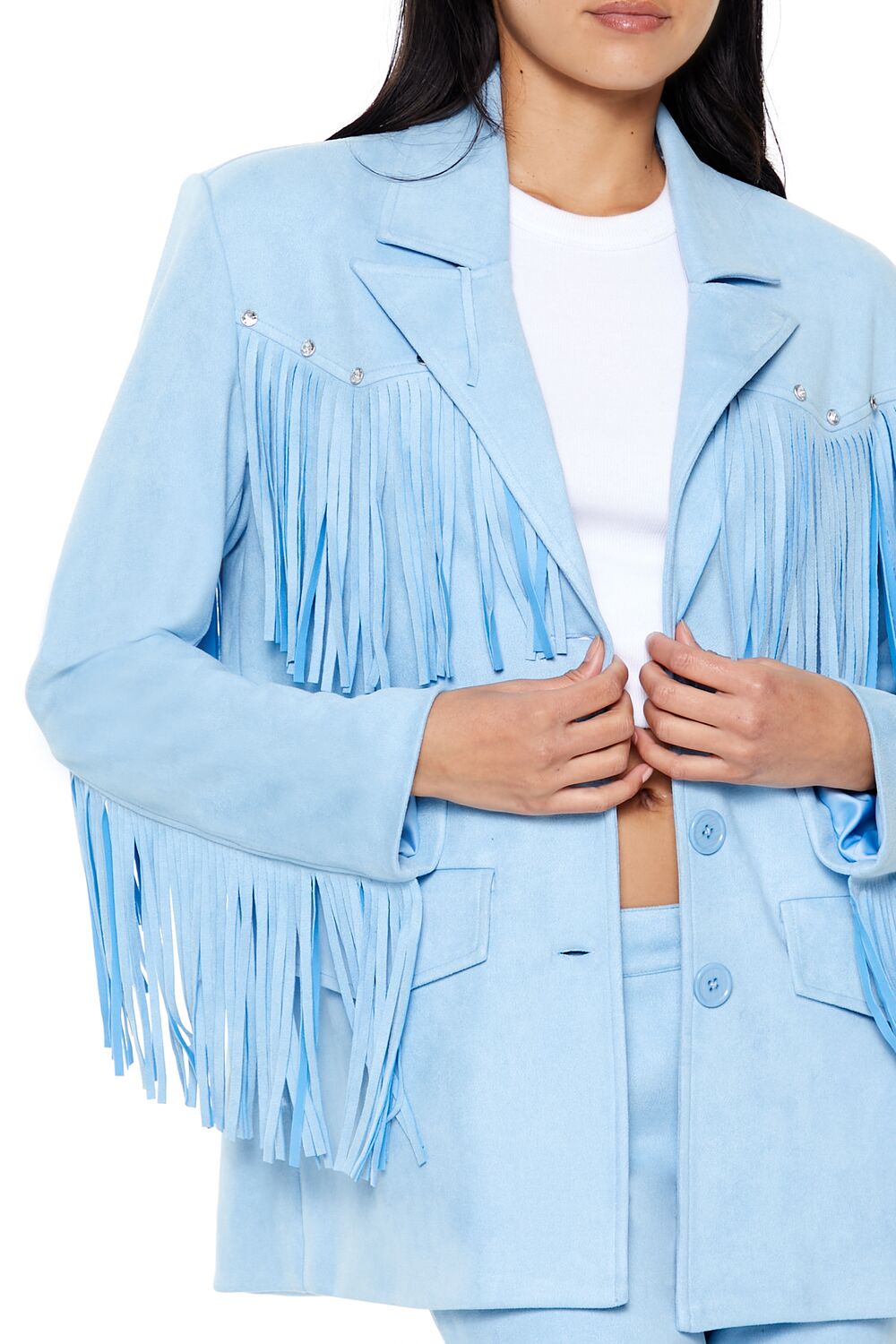 Rhinestone Fringe Faux Suede Blazer