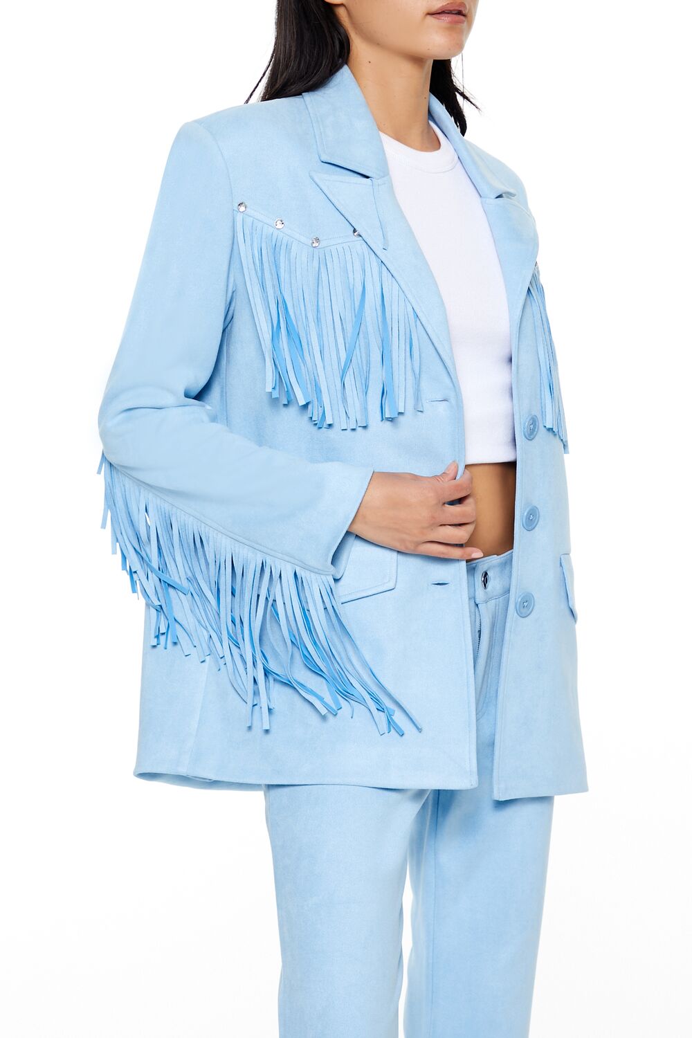 Rhinestone Fringe Faux Suede Blazer