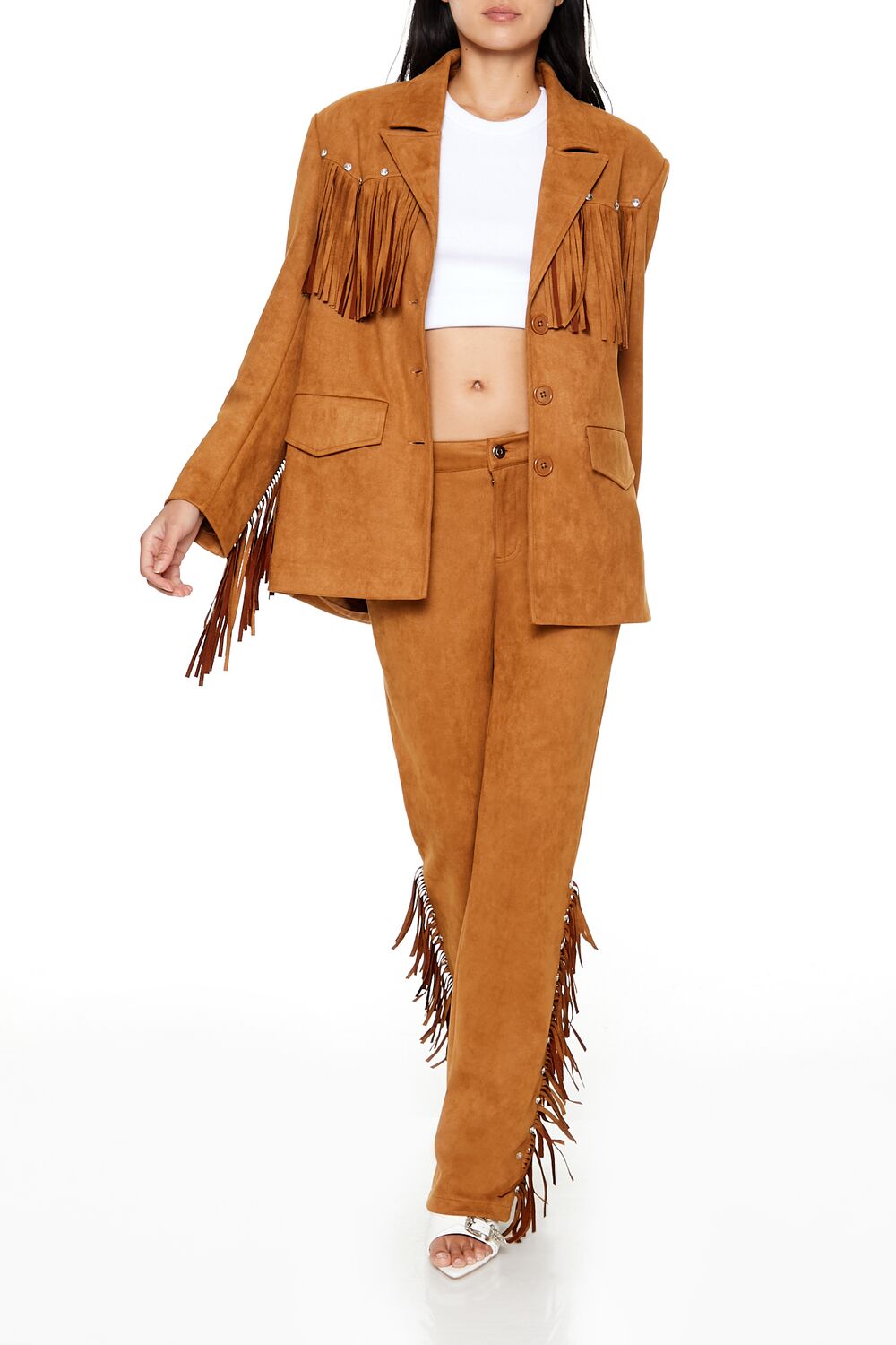 Rhinestone Fringe Faux Suede Blazer