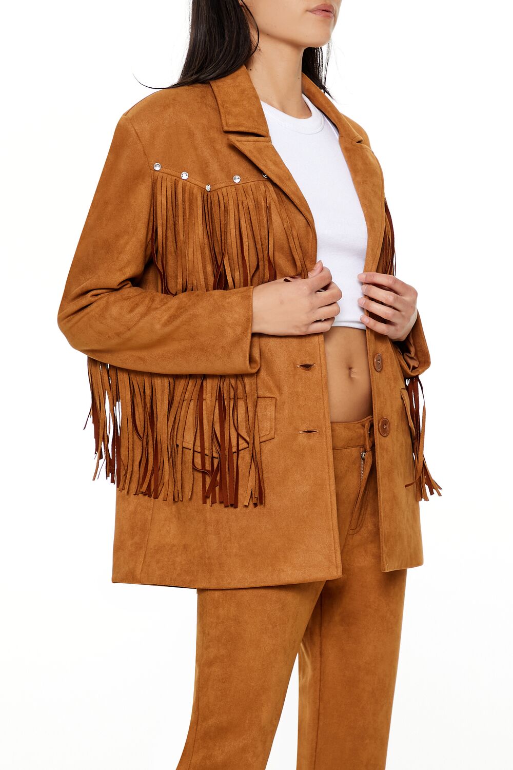 Rhinestone Fringe Faux Suede Blazer