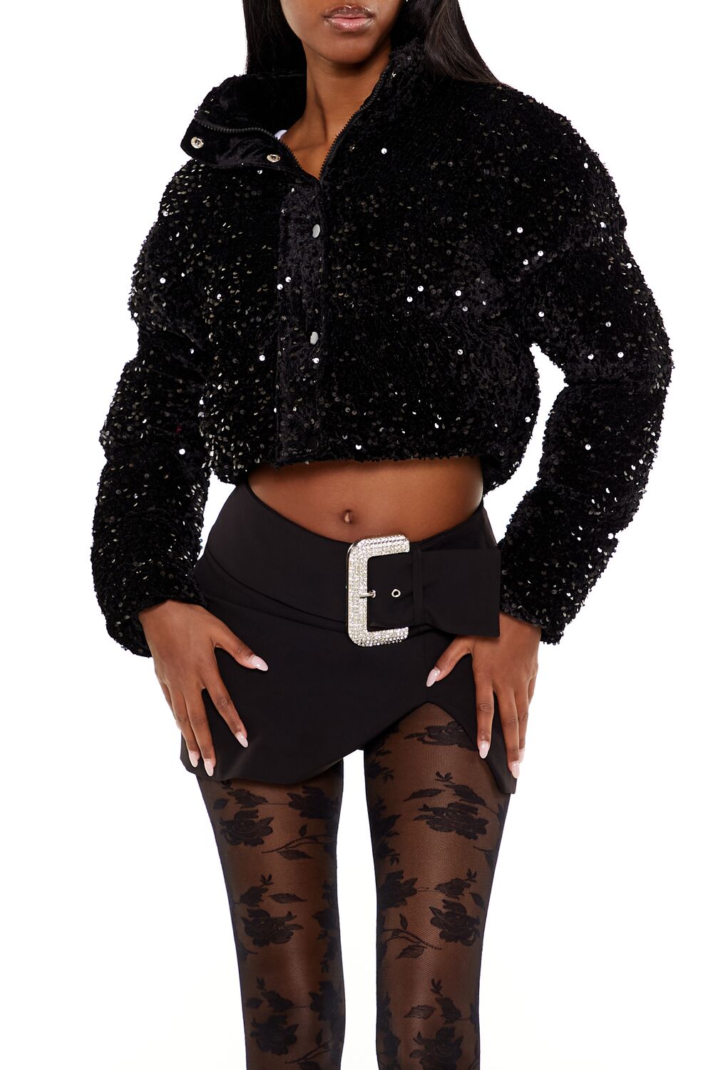 Sequin Faux Fur Puffer Jacket