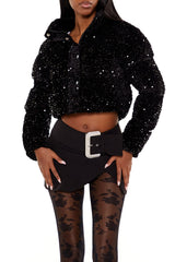 Sequin Faux Fur Puffer Jacket